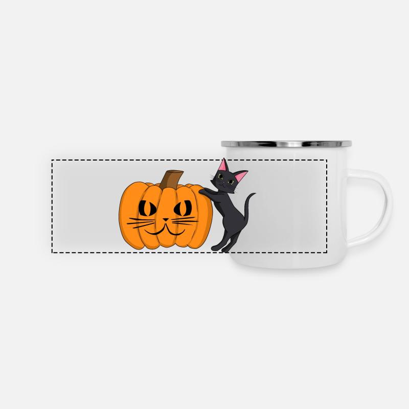 Black Cat with Pumpkin Grimace - Panoramic Camper Mug - white
