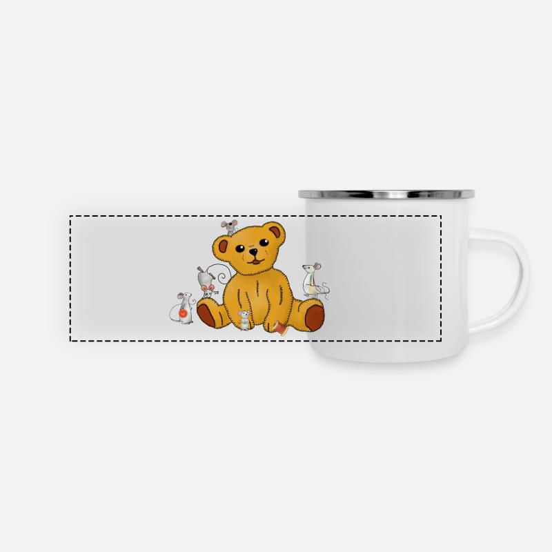 Mäuse nähen Teddy - Panorama Emaille-Tasse - Weiß