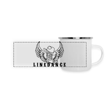Linedance Logo mit Hut, Stiefel und Flügel - Panorama Emaille-Tasse - Weiß - Vorne