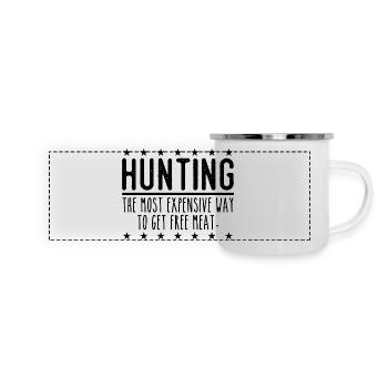Jäger Lustiger Spruch – Gratis Fleisch Design - Panorama Emaille-Tasse - Weiß - Vorne