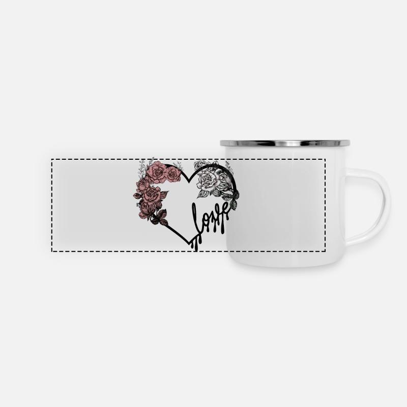 Liebesherz und Rosen dunkles romantisches Design - Panorama Emaille-Tasse - Weiß