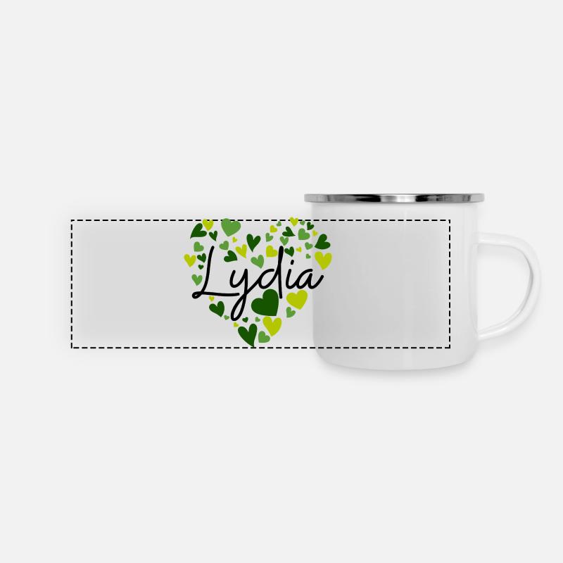 Lydia Name Design con cuori verdi a forma di cuore - Tazza smaltata con vista - bianco