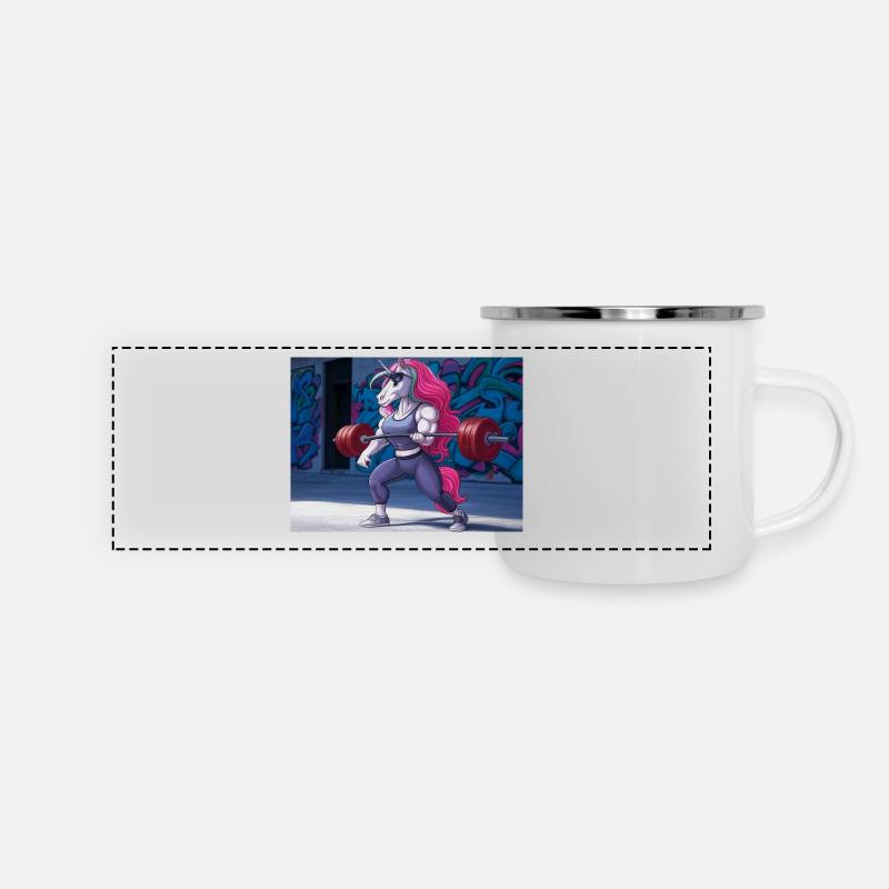 Kraftvolles Einhorn-Training - Panorama Emaille-Tasse - Weiß