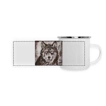Wolfs Porträt – kraftvolle Wolfsskizze - Panorama Emaille-Tasse - Weiß - Vorne