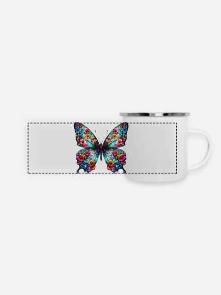 Schmetterling mit Blumen verziert - Panorama Emaille-Tasse - Weiß