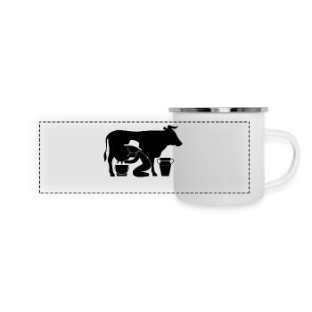 Bauer beim Melken einer Kuh - Panorama Emaille-Tasse - Weiß - Vorne