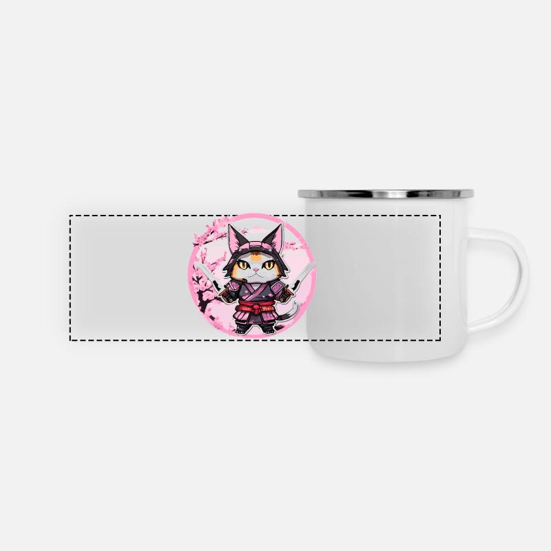 Samurai Cat & Cherry Blossoms #1 - Panoramic Camper Mug - white