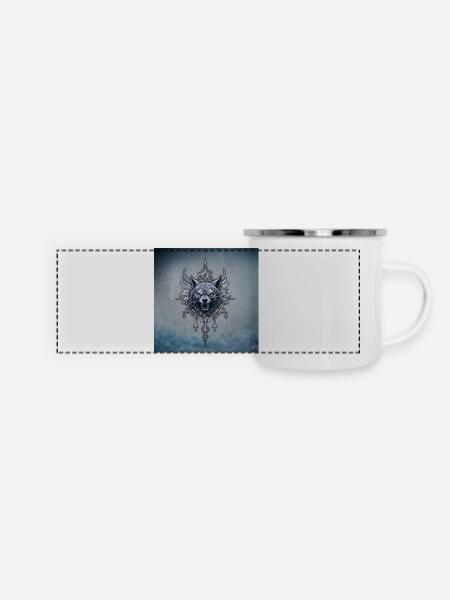 Mystischer Wolfskopf. - Panorama Emaille-Tasse - Weiß
