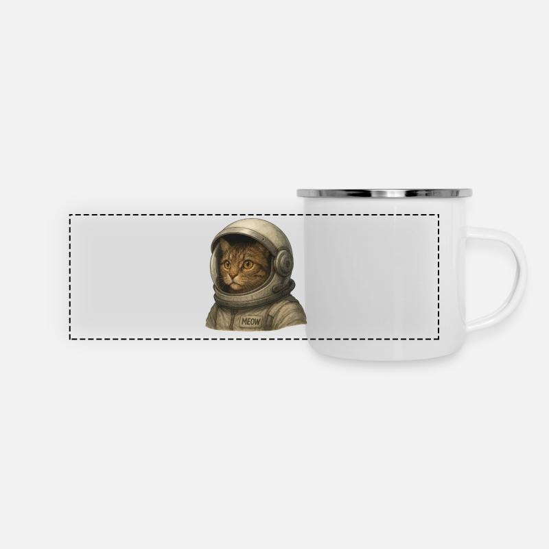 Cat Astronaut Helmet Art with "Meow" Patch - Panoramic Camper Mug - white