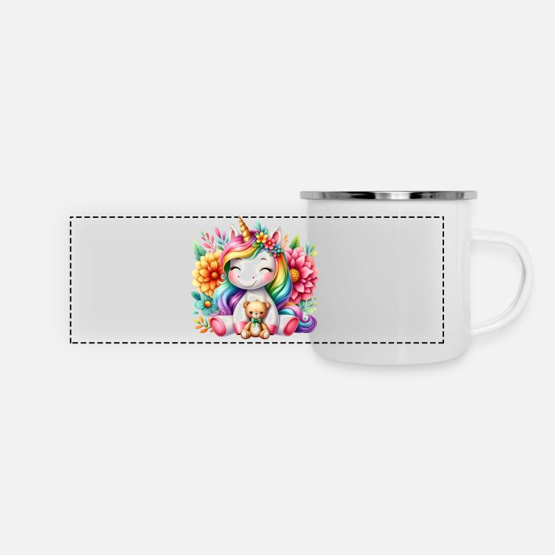 Regenbogen Einhorn Blumentraum - Panorama Emaille-Tasse - Weiß