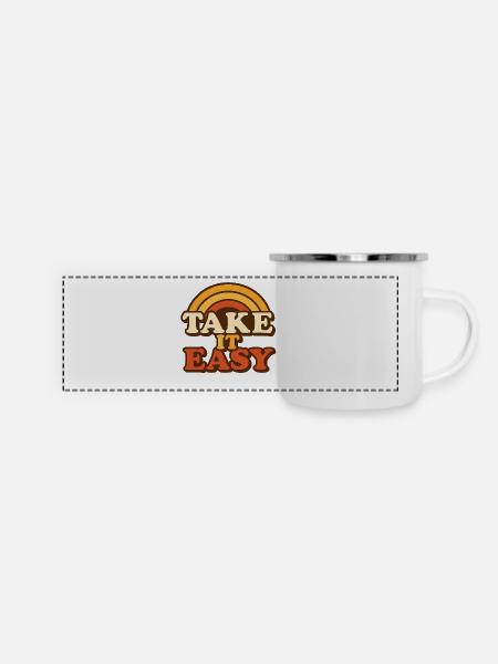 Take It Easy Retro Design - Panorama Emaille-Tasse - Weiß