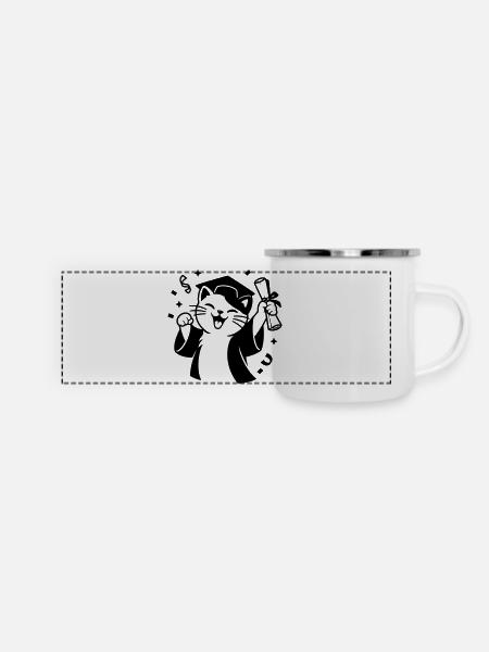 Diplom Katze - Panorama Emaille-Tasse - Weiß