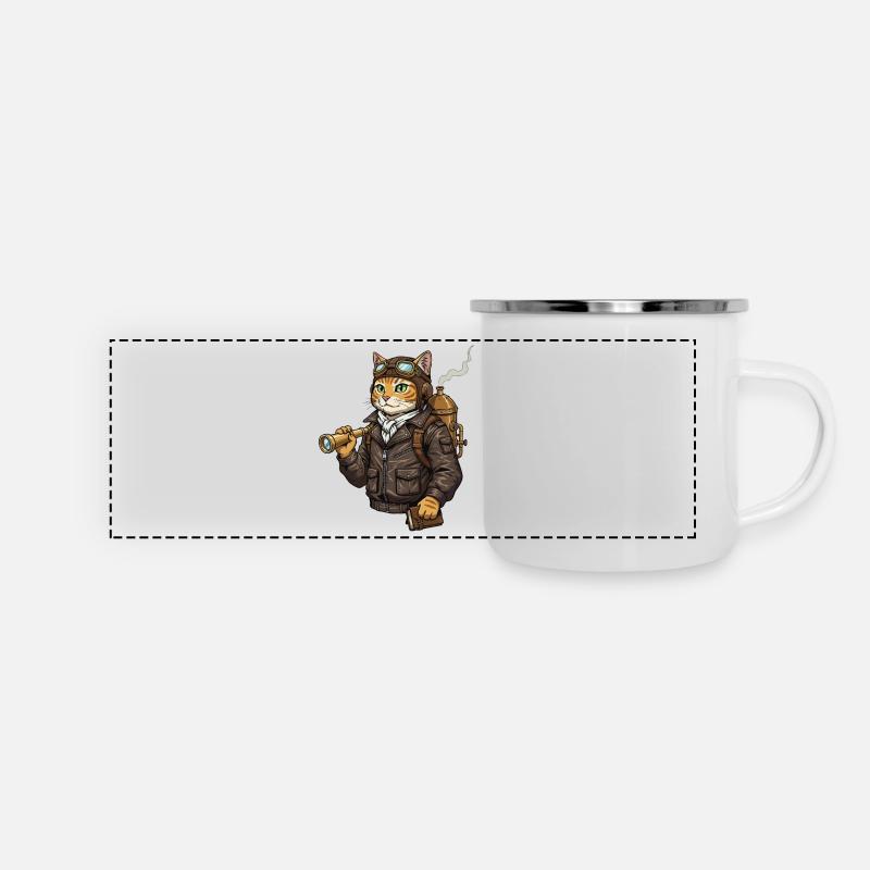 Chat Aviateur Steampunk Explorateur Curiosité - Mug panoramique émaillé - blanc