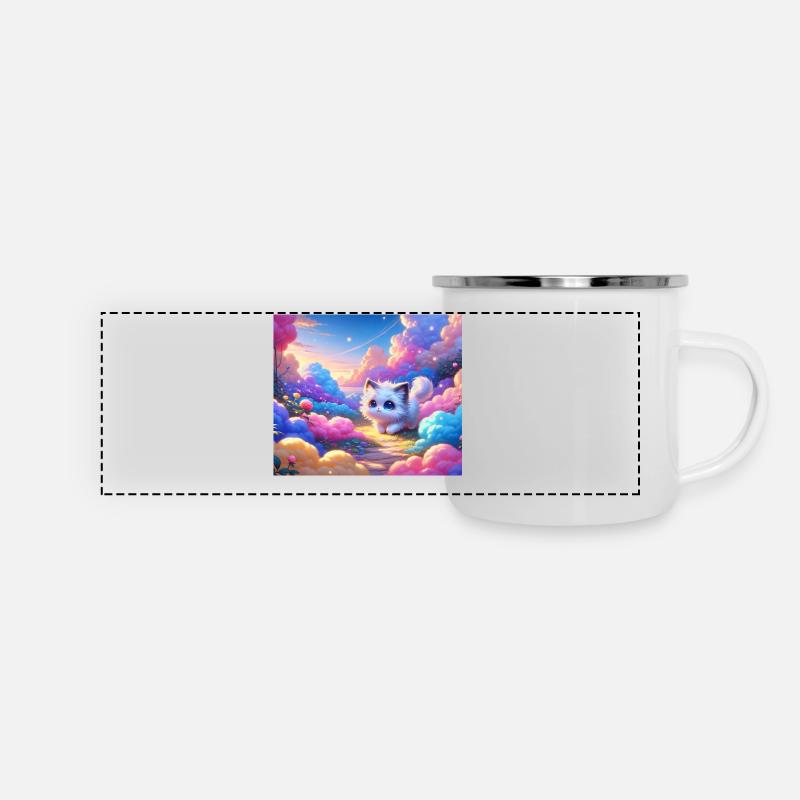 A cute anime cat in a colorful cloud garden - Panoramic Camper Mug - white
