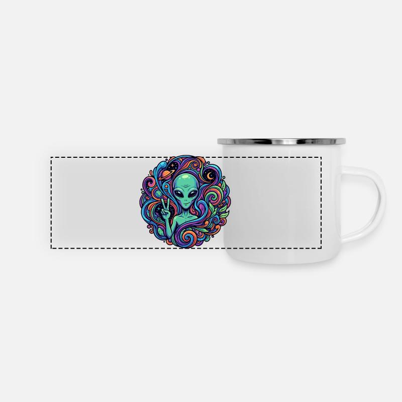 Alien Peace Sign Psychedelic Alien - Panoramic Camper Mug - white
