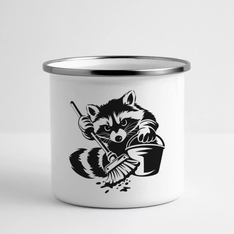 Waschbär mit Eimer & Mopp Panorama Emaille-Tasse