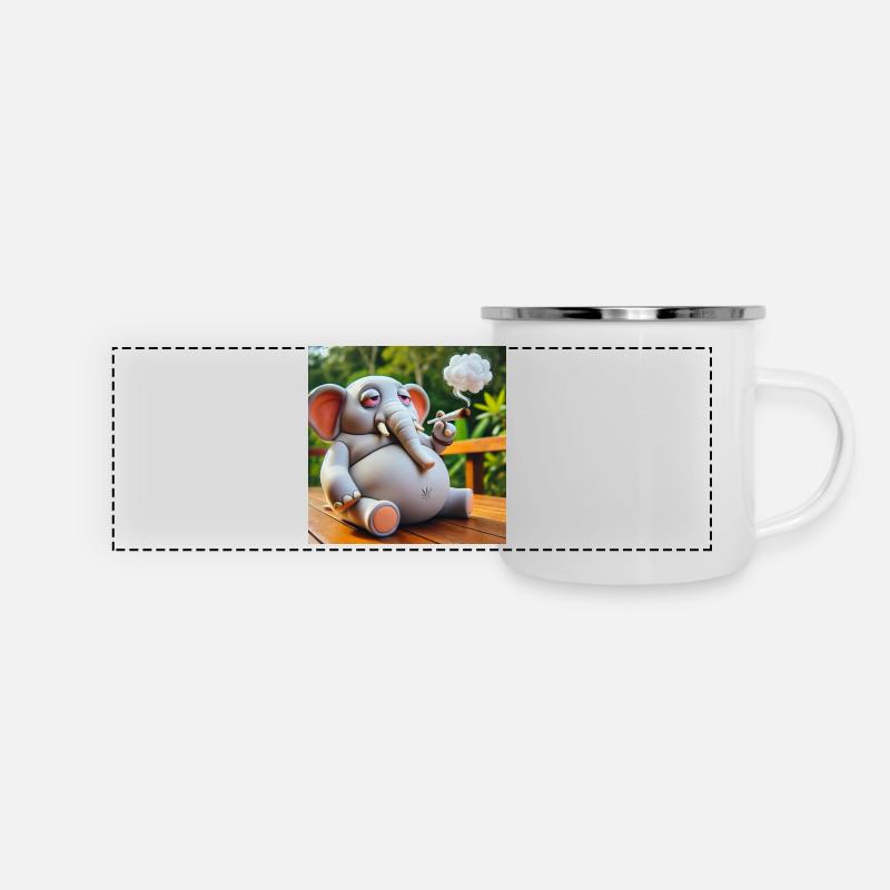 Kiffender Elefant mit Joint - Panorama Emaille-Tasse - Weiß