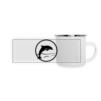 Springender Delfin im Meer in Stempel-Optik - Panorama Emaille-Tasse - Weiß - Vorne