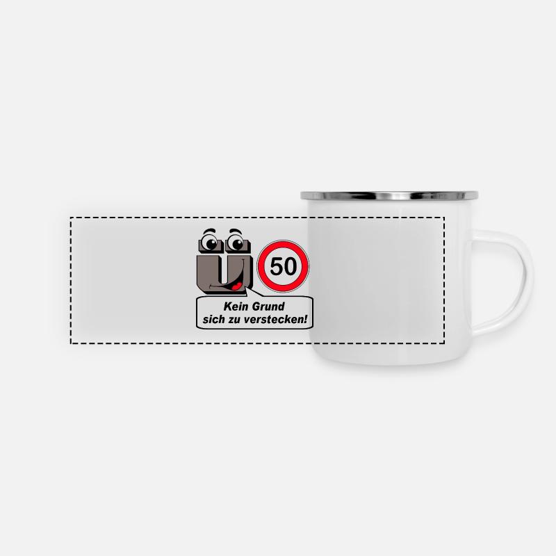 50th Birthday , Over 50 No Reason to Hide - Panoramic Camper Mug - white