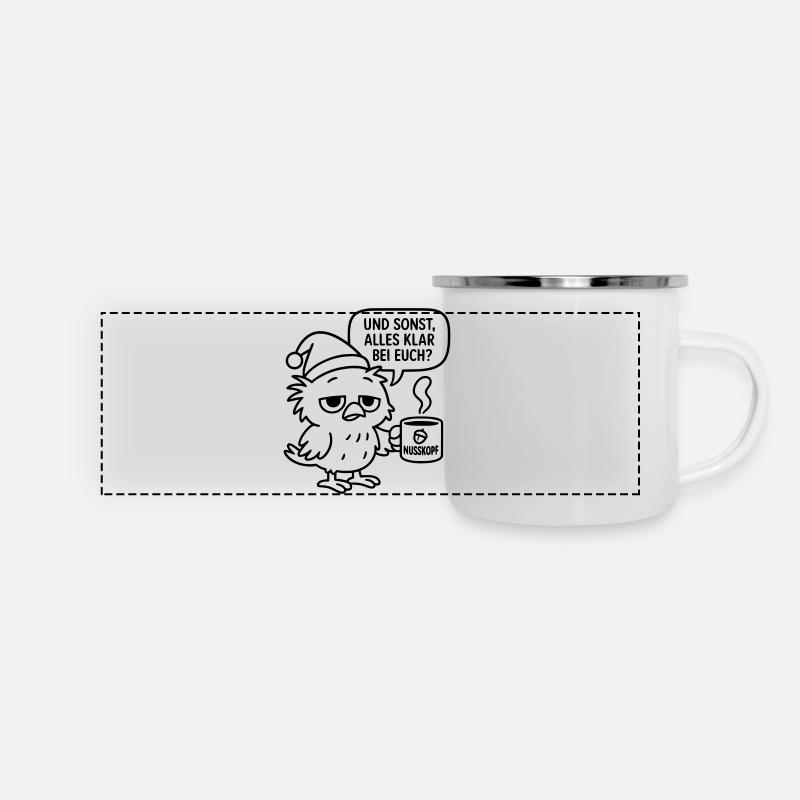Grognement matinal Vogel_mit_Kaffeetasse_und_Sprechblase - Mug panoramique émaillé - blanc