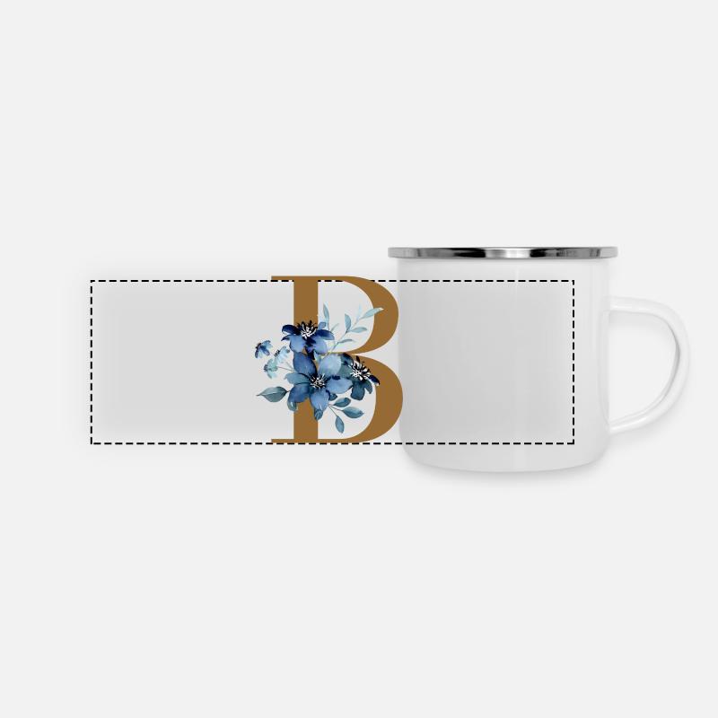 Florales B – Goldener Buchstabe mit Blüten - Panorama Emaille-Tasse - Weiß