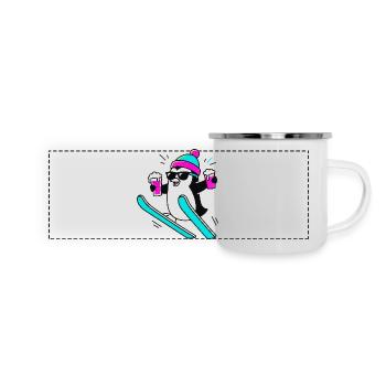 D’abord une pente, puis la fête. Manchot de fête. - Mug panoramique émaillé - blanc - Devant