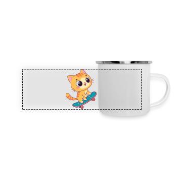 Kawaii-Kätzchen auf Skateboard - Panorama Emaille-Tasse - Weiß - Vorne