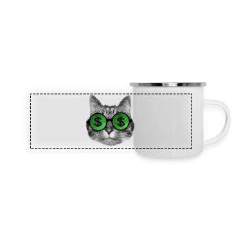 Drôle de chat riche avec des lunettes de signe de dollar - Mug panoramique émaillé - blanc - Devant