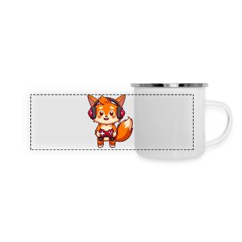00237 roter Fuchs mit Kopfhörer und Controller - Panorama Emaille-Tasse - Weiß - Vorne