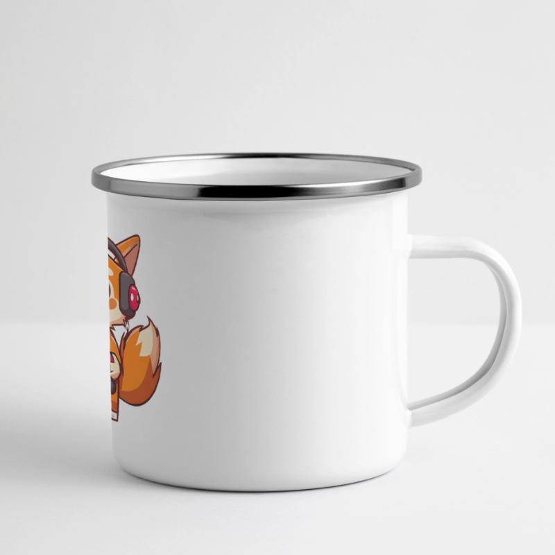 00237 roter Fuchs mit Kopfhörer und Controller Panorama Emaille-Tasse