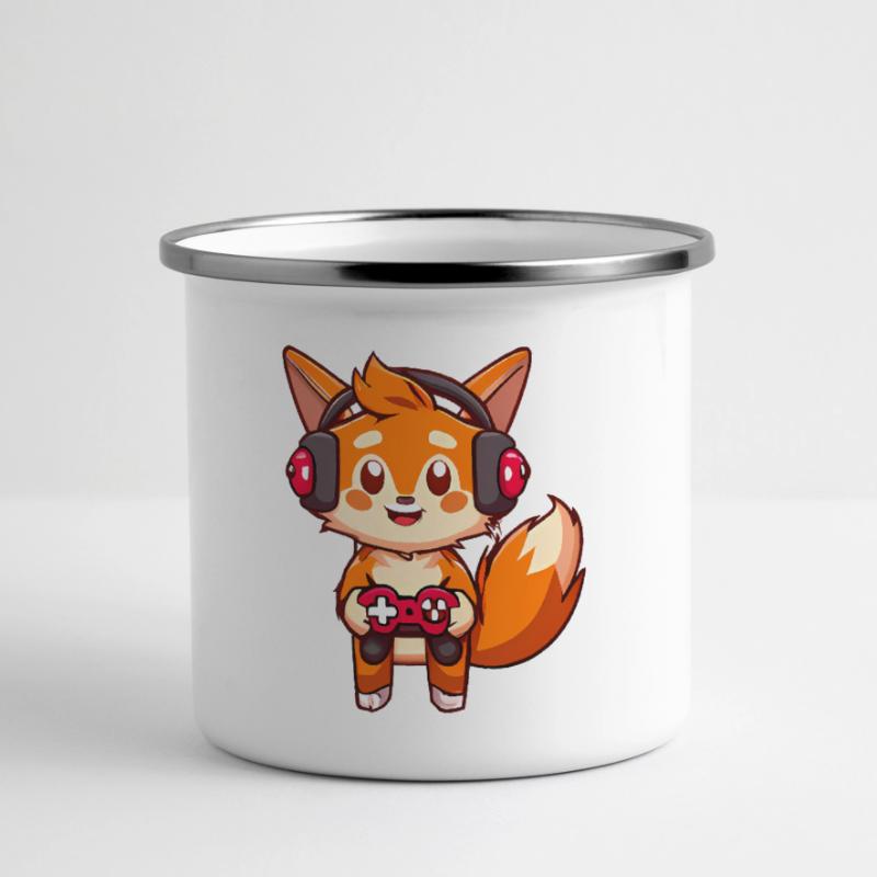 00237 roter Fuchs mit Kopfhörer und Controller Panorama Emaille-Tasse