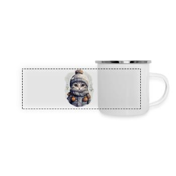 Chat avec chapeau, écharpe et veste d’hiver - Mug panoramique émaillé - blanc - Devant