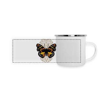 Schöner Schmetterling auf dem Ornamentmuster - Panorama Emaille-Tasse - Weiß - Vorne
