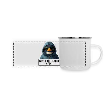 lustiger Spruch mit Pinguin Becor du Fragst Nein - Panorama Emaille-Tasse - Weiß - Vorne