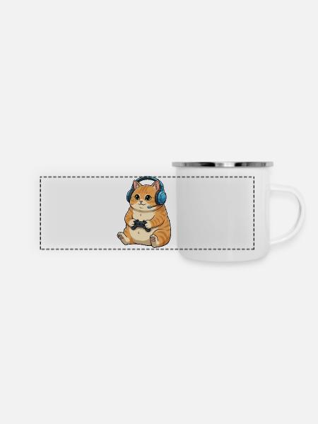 Gamer Katze mit Headset - Panorama Emaille-Tasse - Weiß