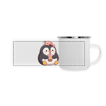 Kawaii Penguin Bubble Tea Boba Crevettes Low - Mug panoramique émaillé - blanc - Devant