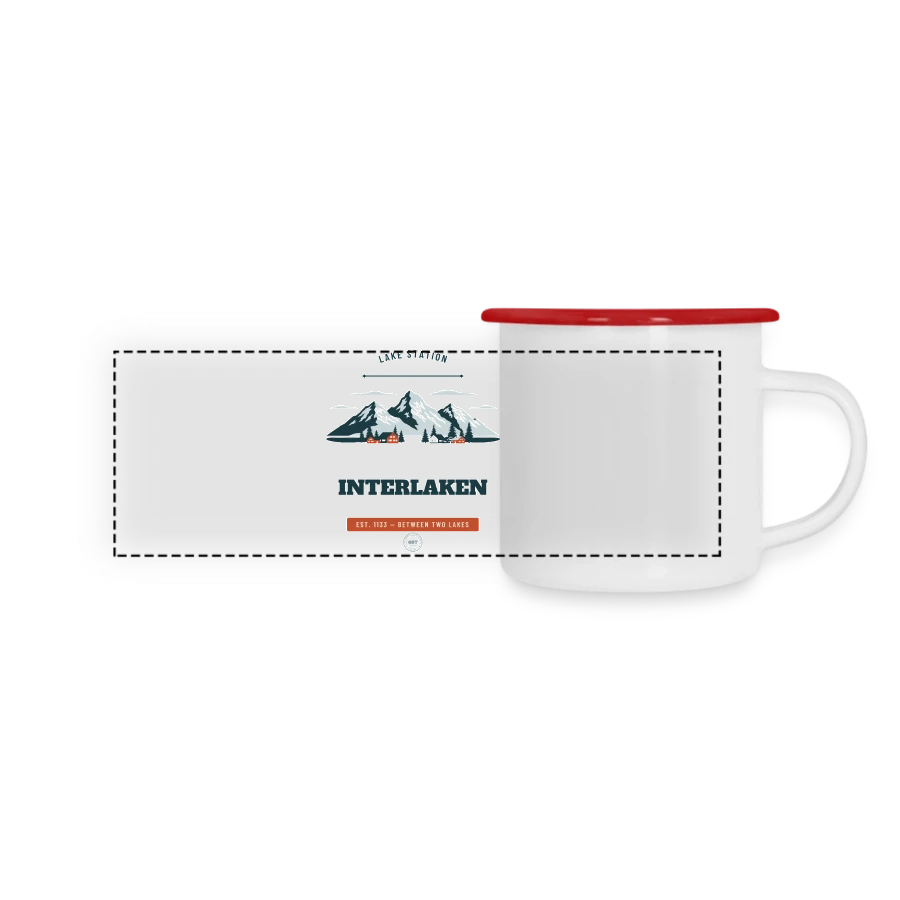 Interlaken badge on a panoramic camper mug, white/red