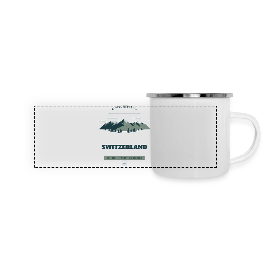 Switzerland badge on a panoramic camper mug, white