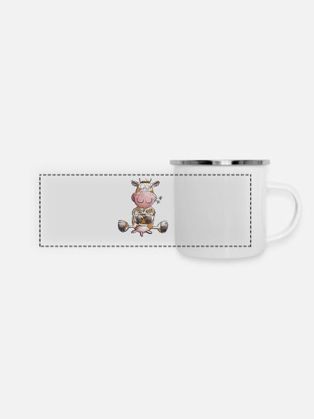 Kuh mit Blumen - Panorama Emaille-Tasse - Weiß