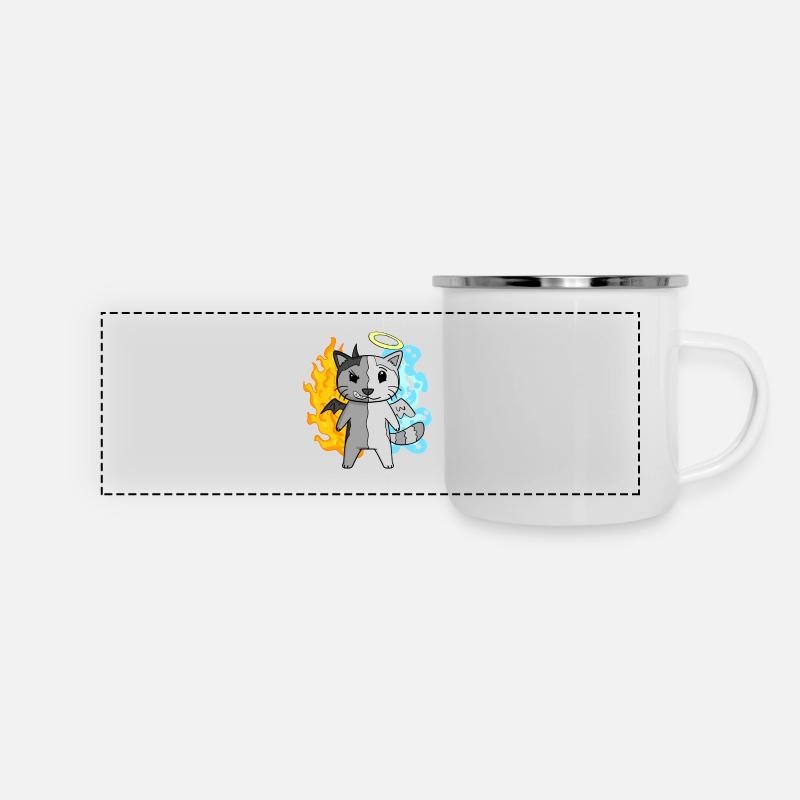 Katze Engel und Teufel - Panorama Emaille-Tasse - Weiß