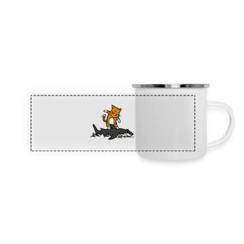 Chat chevauchant un requin Dessin animé drôle Surf Graphique - Mug panoramique émaillé - blanc - Devant