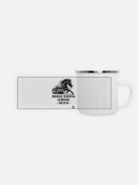 Reitschule "Reite oder Stirb", ein Pferde-Motiv - Panorama Emaille-Tasse - Weiß