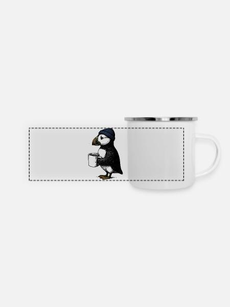 Kaffee Puffin - Panorama Emaille-Tasse - Weiß