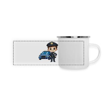 Polizeibeamter vor Blauem Wagen - Panorama Emaille-Tasse - Weiß - Vorne