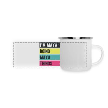 Ich bin Maya und mache Maya-Dinge Retro-Farben - Panorama Emaille-Tasse - Weiß - Vorne