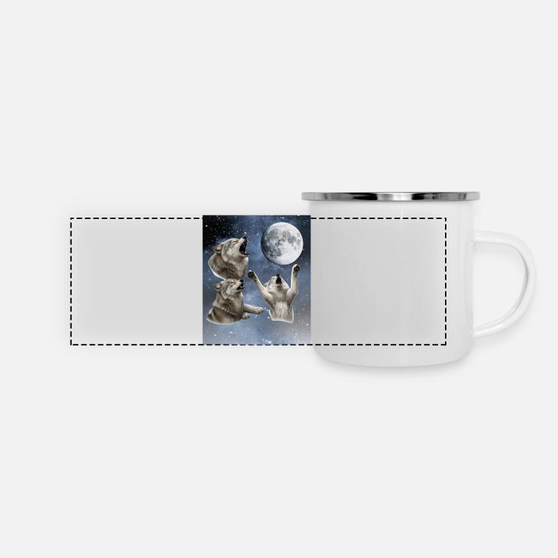 Three wolves howl at the full moon Wolf - Panoramic Camper Mug - white