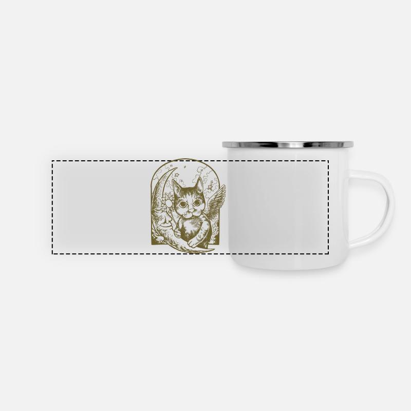 Chat céleste et lune ailée - Mug panoramique émaillé - blanc