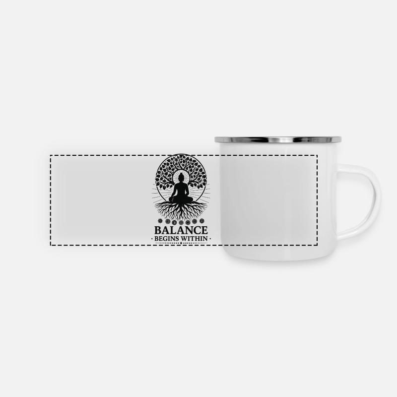 Conception de la méditation avec dicton L’équilibre commence à l’intérieur - Mug panoramique émaillé - blanc
