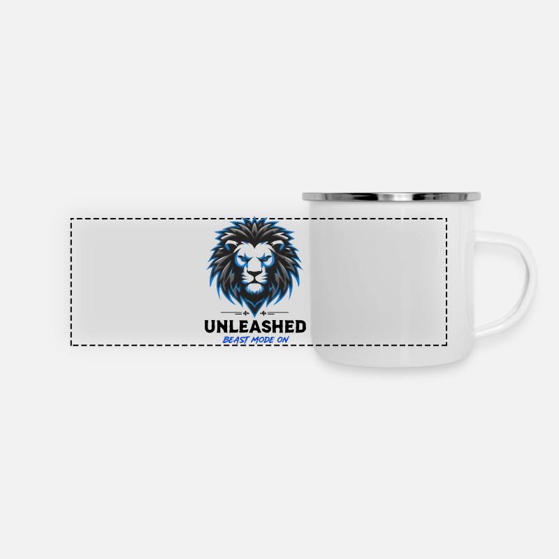 Blue Neon Lion Crest Unleashed - Panoramic Camper Mug - white