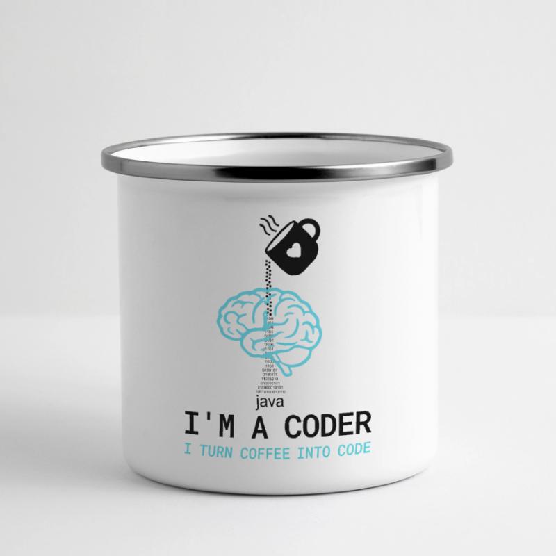 Coder T-Shirt: Coffee into Code – Nerdy Programmie Panorama Emaille-Tasse
